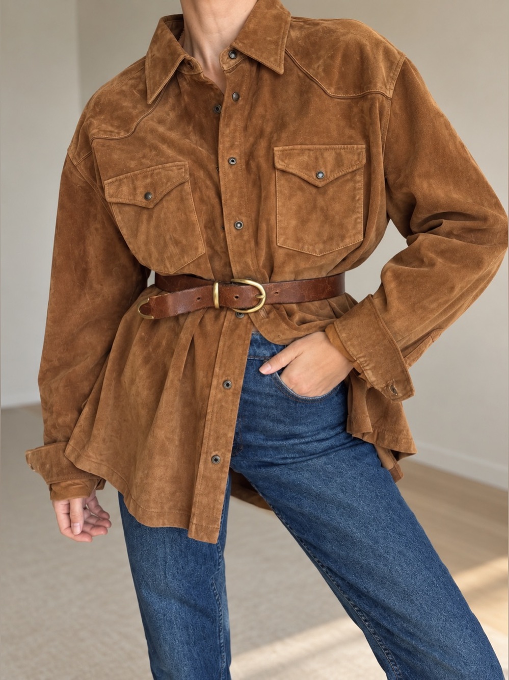 Neiman Marcus Exclusive XXL Brown Suede Leather Western Oversized Shirt Jacket